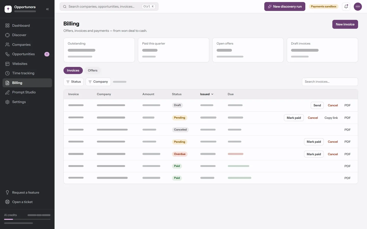 The Billing screen: money tiles above the invoices table with status badges and row actions.