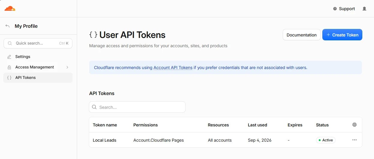 The Cloudflare API Tokens screen, listing a token whose permission reads Account.Cloudflare Pages.