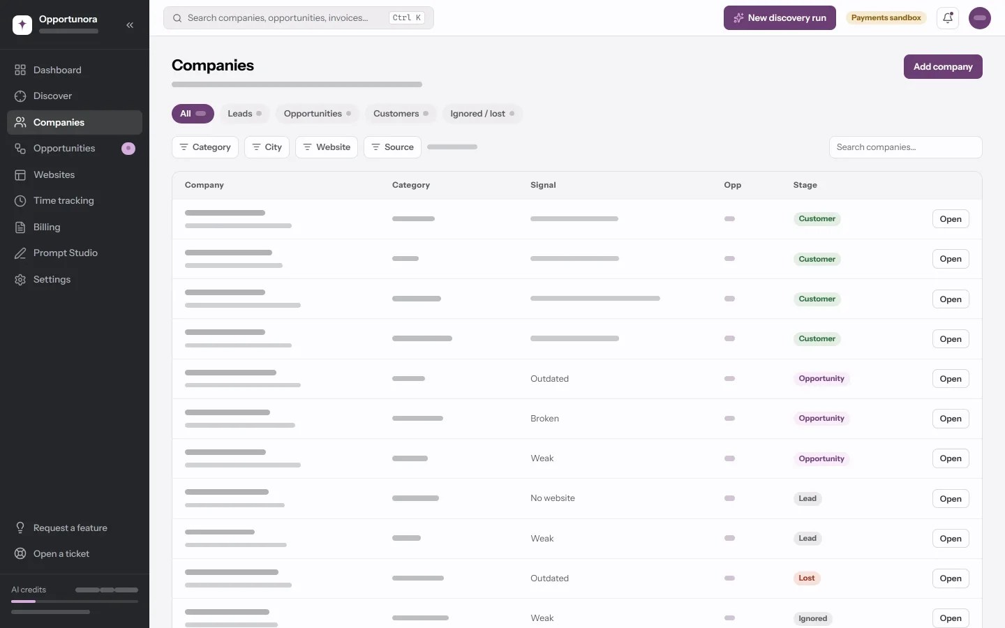 The Companies screen: stage pills above a table with Company, Category, Signal, Opp and Stage columns.