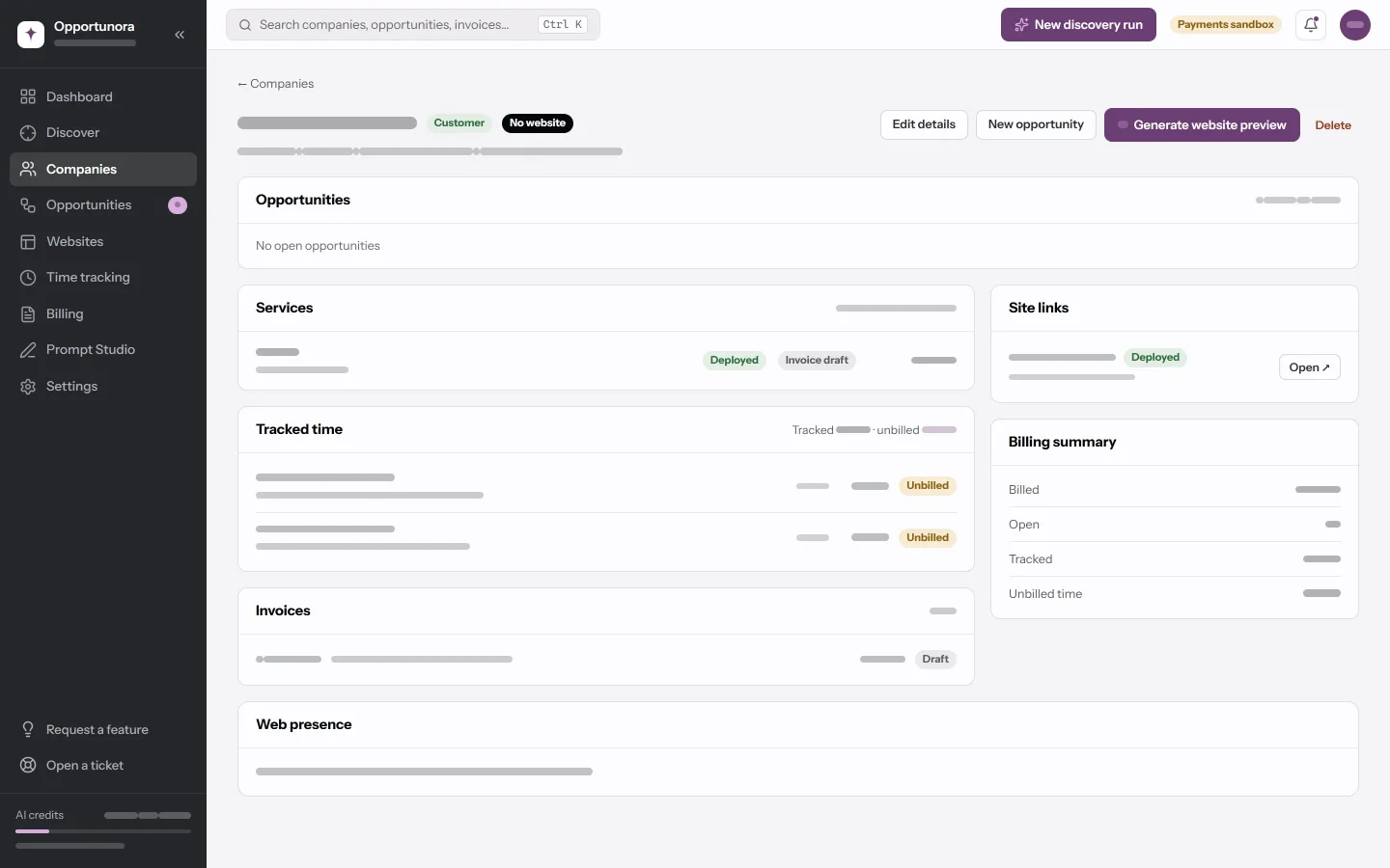 A company page: the header with stage and website badges, the next-step rail, and the analysis cards.