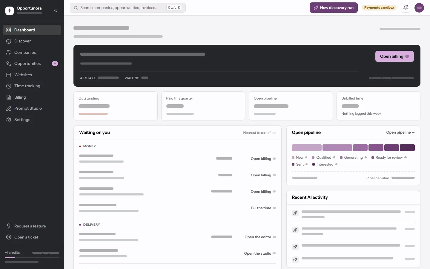 The dashboard: a next-step band, four money tiles, the Waiting on you queue, the pipeline by stage, and recent AI activity.