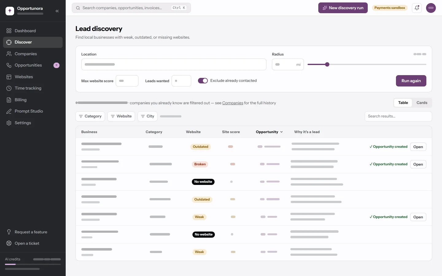 The Lead discovery screen: the run form above a results table with Business, Category, Website, Site score, Opportunity and Why it's a lead columns.