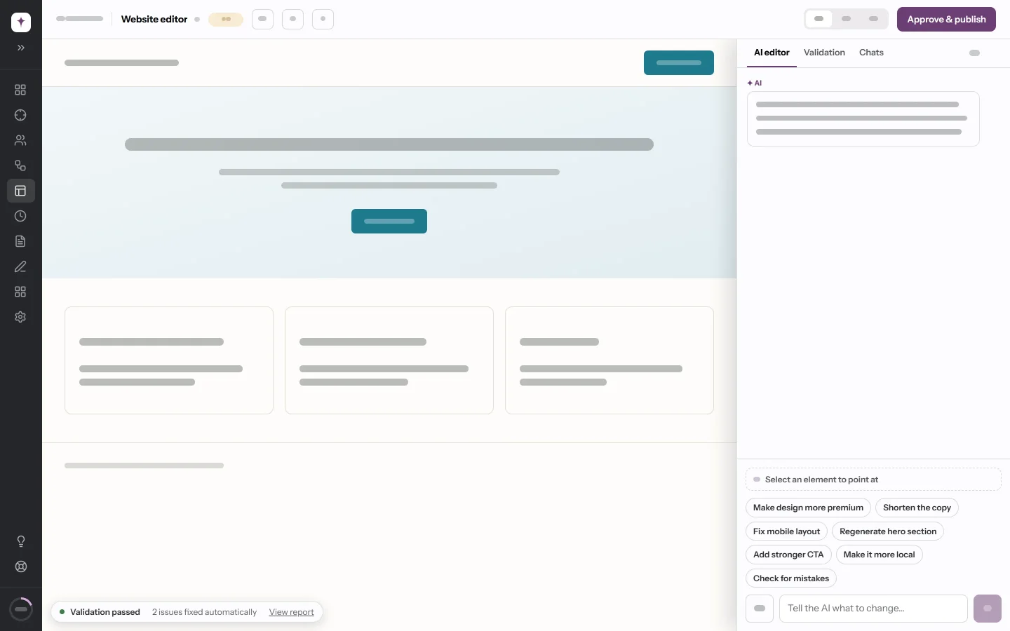 The website editor: the site preview on the left, the AI editor panel on the right with its quick actions and message box.