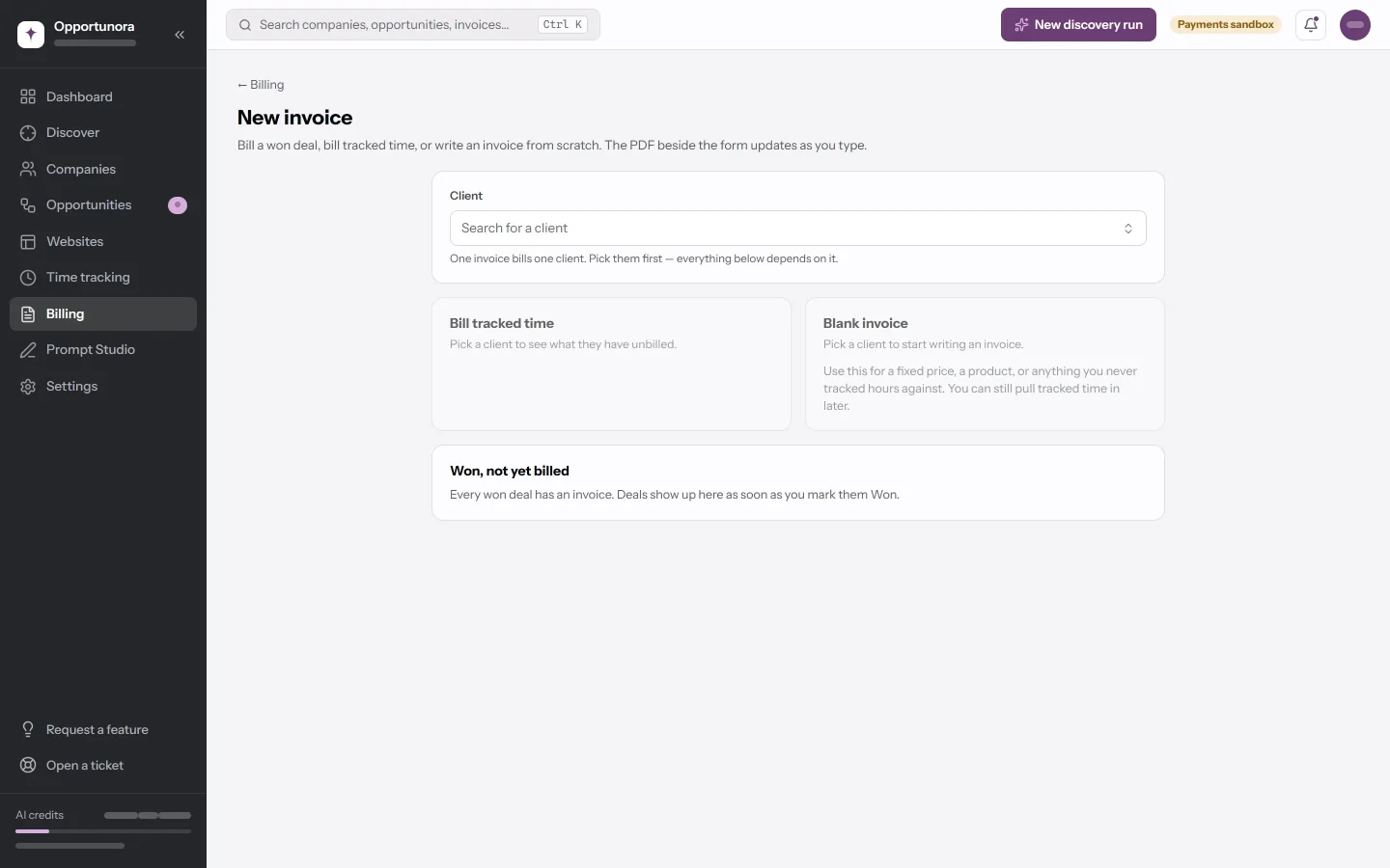 The New invoice screen: the client picker, the Bill tracked time and Blank invoice cards, and the Won, not yet billed list.