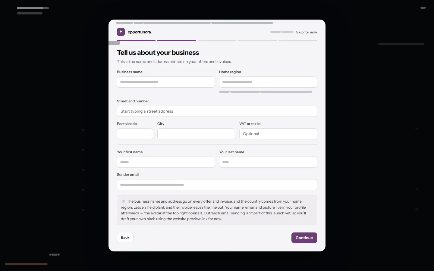 The setup wizard on step 2, Tell us about your business, with the business, address and sender fields.