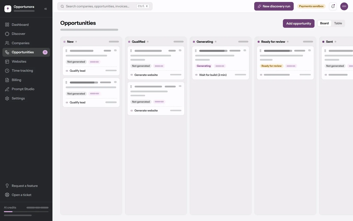 The Opportunities board with columns for each stage and a card per deal.