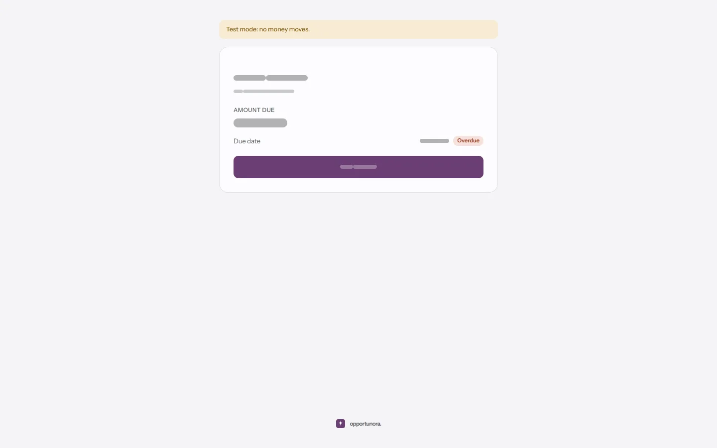 The pay page: a sandbox banner, the amount due, the due date with an Overdue badge, and the Pay button.