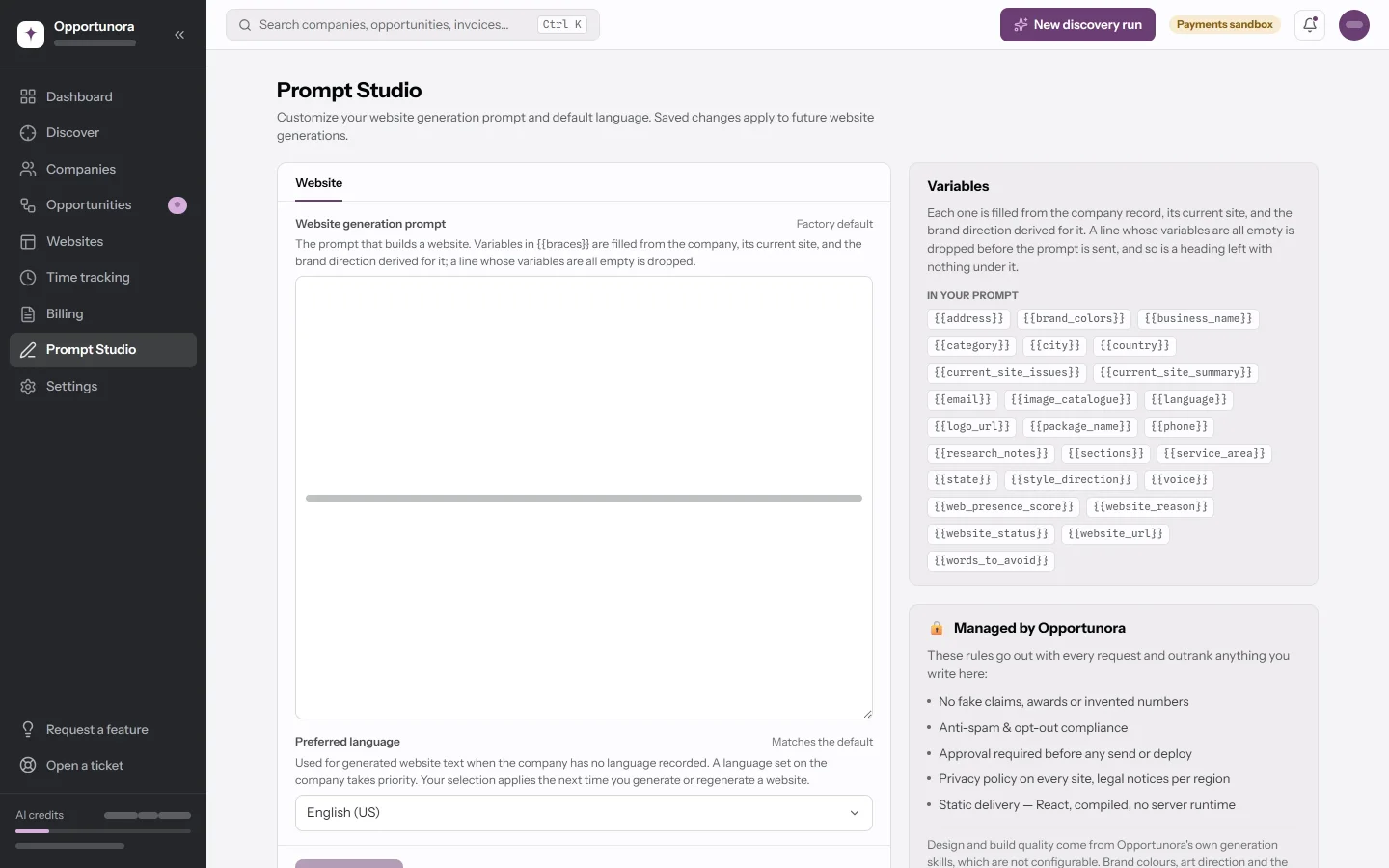 The Prompt Studio on the Website tab: the prompt editor, the Variables card, and the locked rules managed by Opportunora.