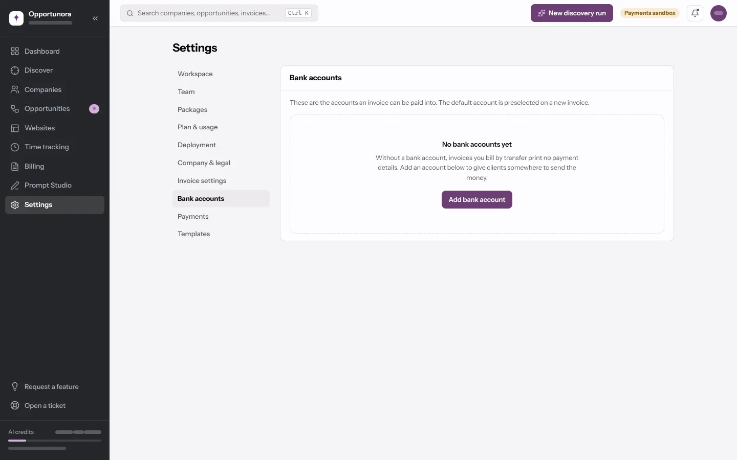 The Bank accounts tab with the Add bank account button.