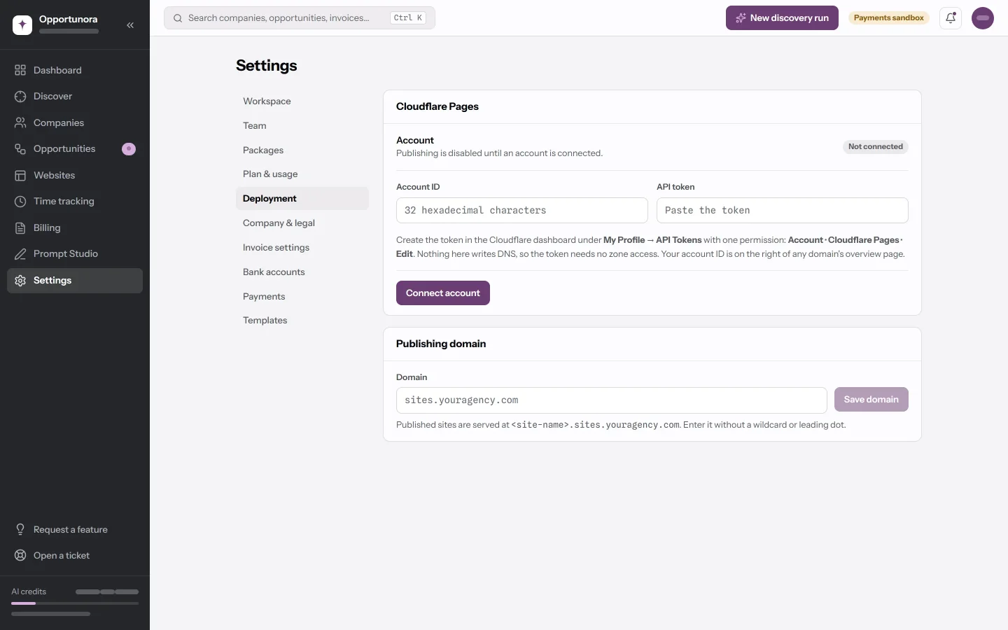 The Deployment tab in Settings, with the Cloudflare Pages card and the Publishing domain card.