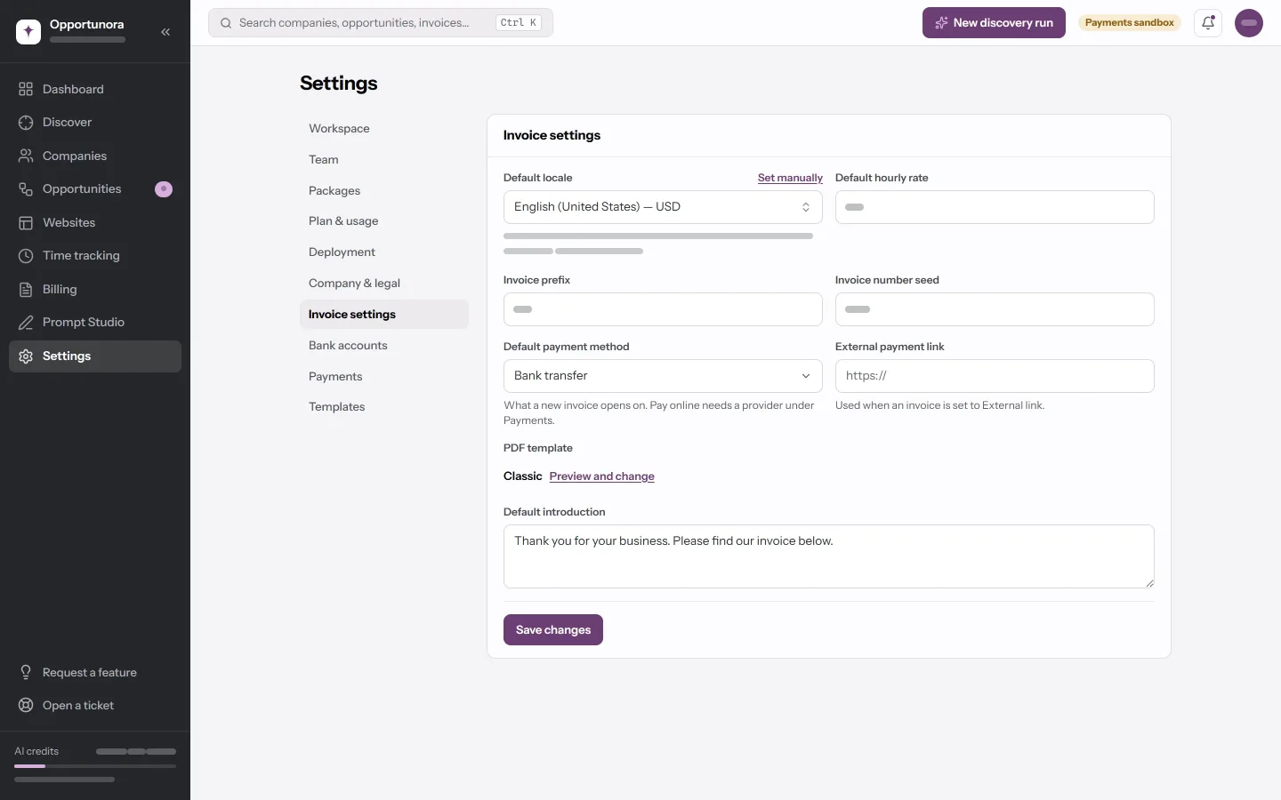 The Invoice settings tab: default locale, hourly rate, numbering, payment method, PDF template and default introduction.