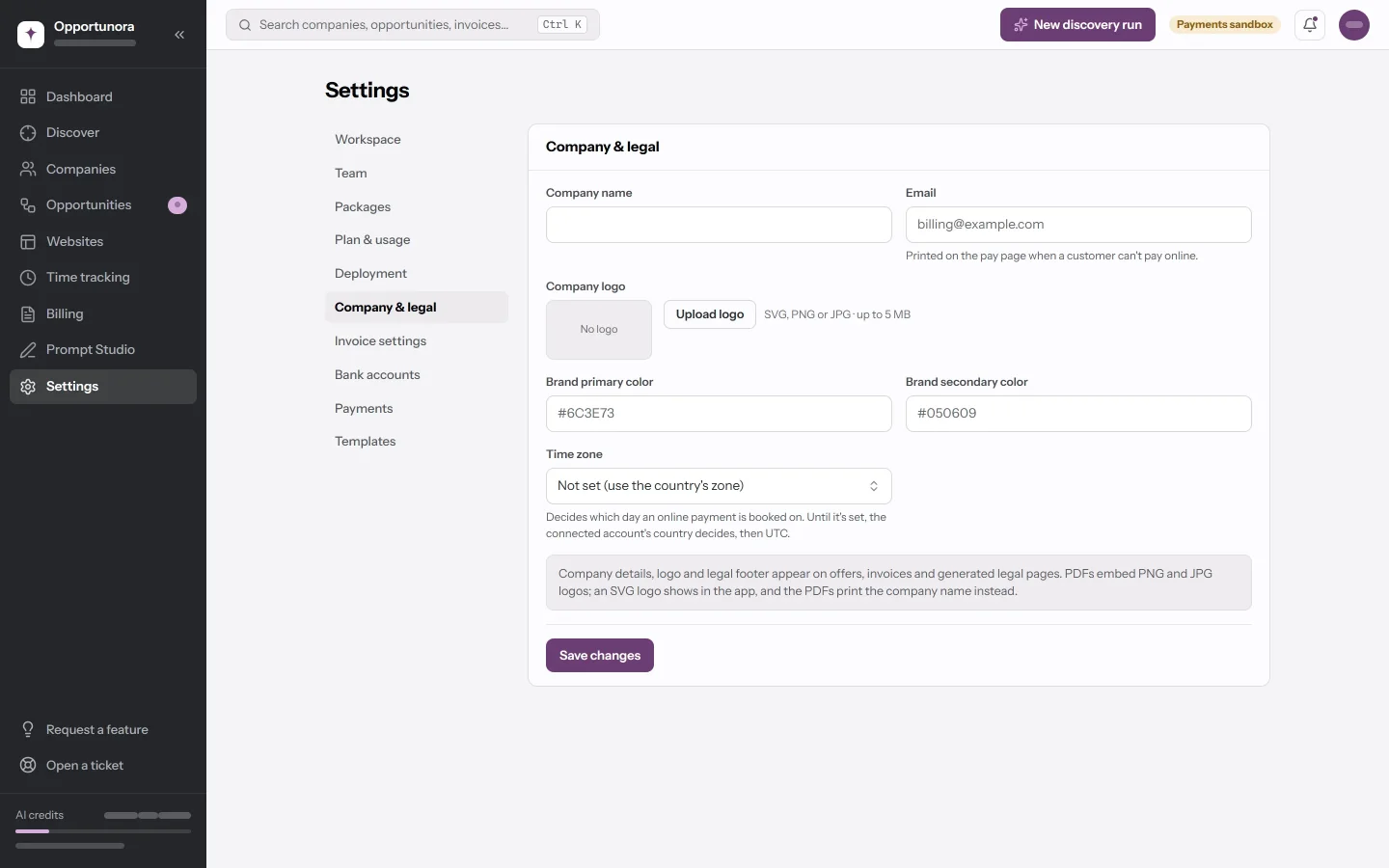 The Company & legal tab: company name, email, logo, brand colors and time zone.