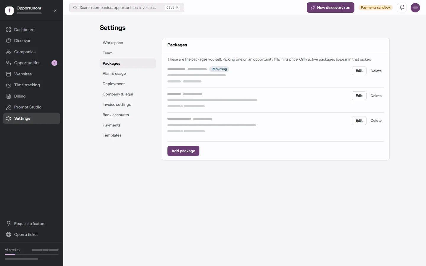 The Packages tab listing packages with their prices, and Edit and Delete buttons.