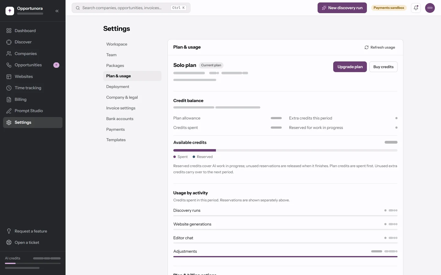 The Plan & usage tab: the current plan, credits used this cycle, where they went, and the paid plans.
