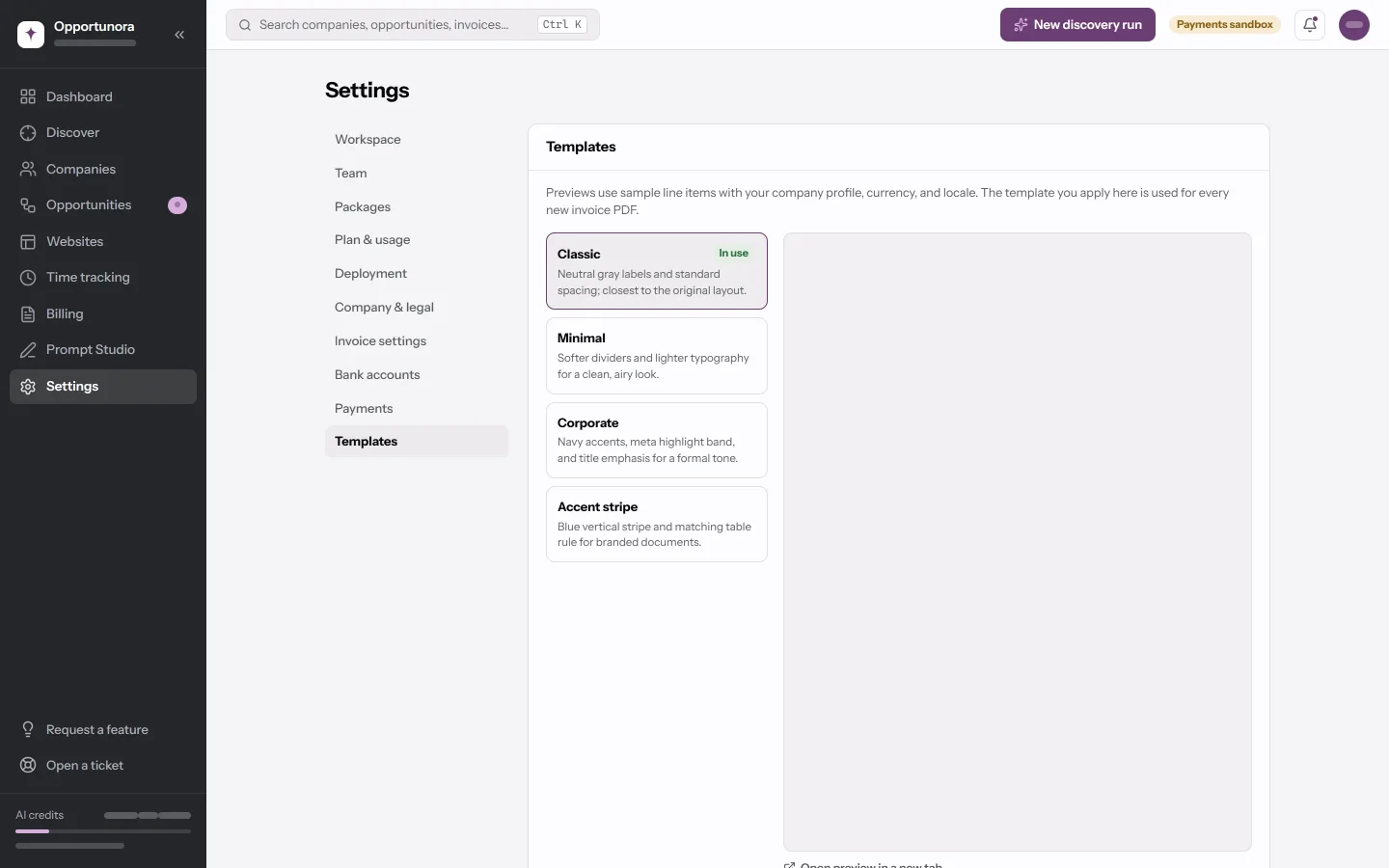 The Templates tab showing four invoice layouts: Classic, Minimal, Corporate and Accent stripe.