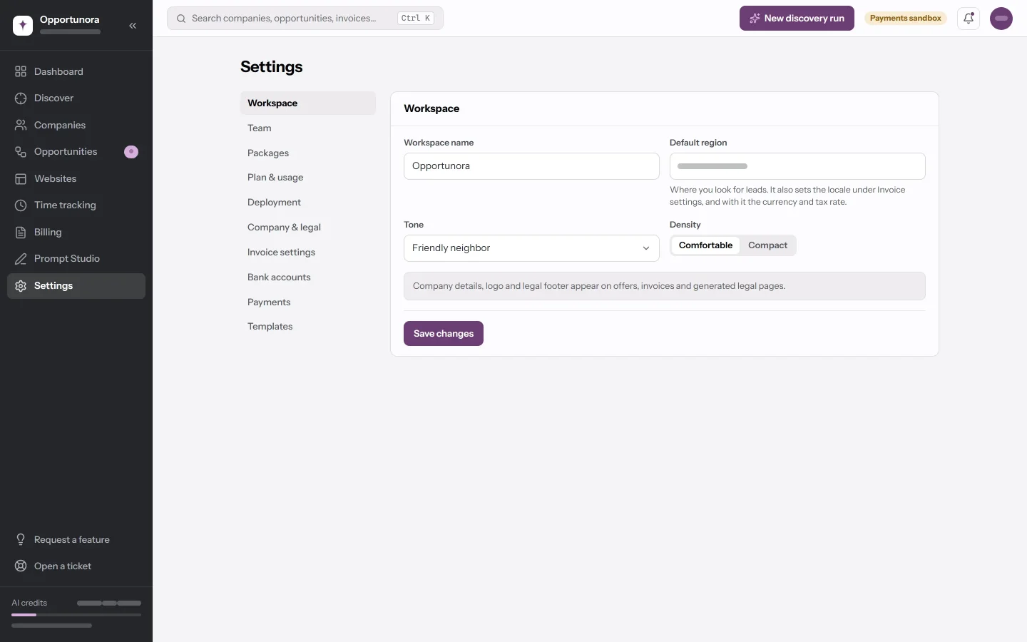 The Workspace tab: Workspace name, Default region, Tone and Density.