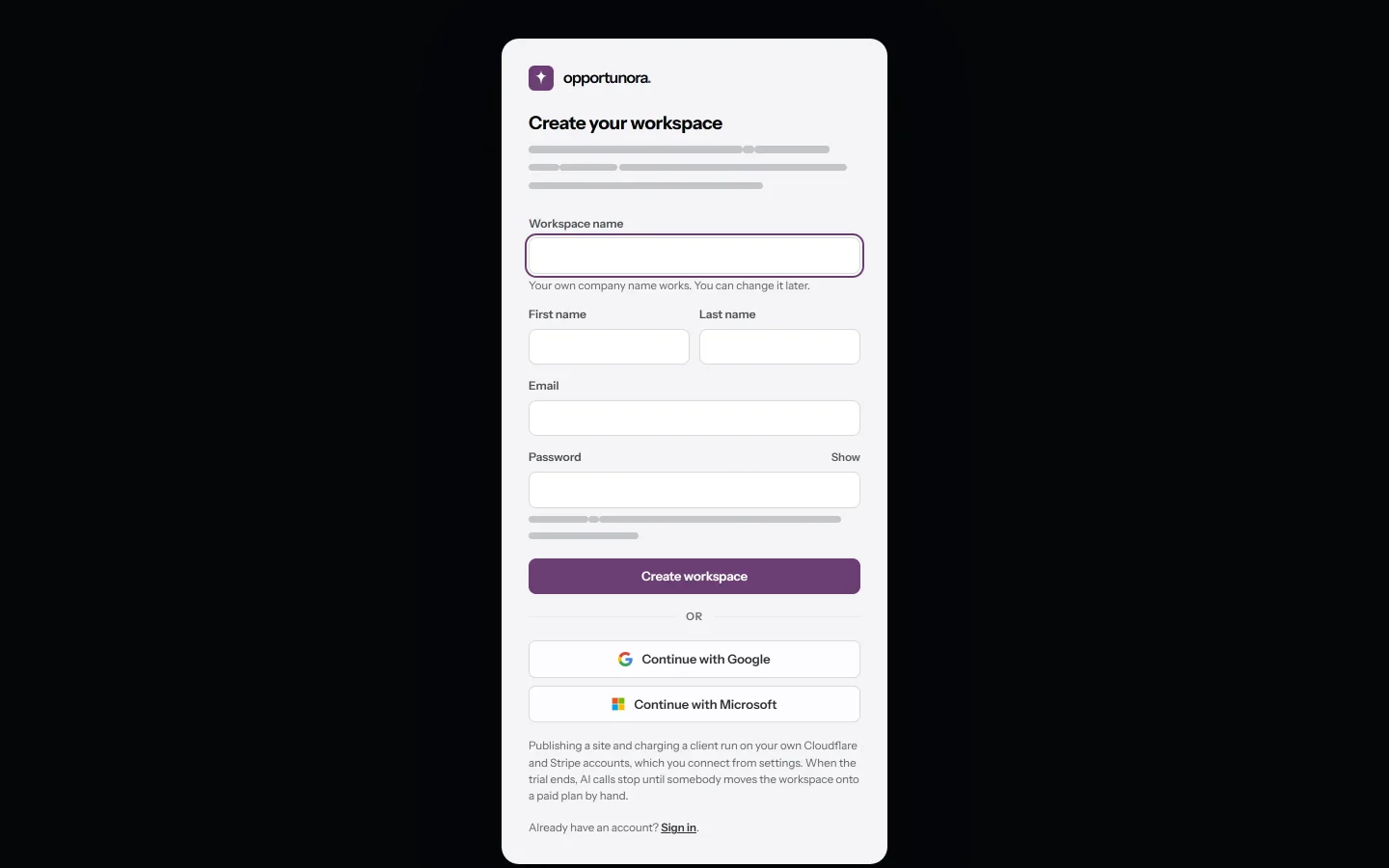 The sign-up screen, with the email and password form and the provider buttons.