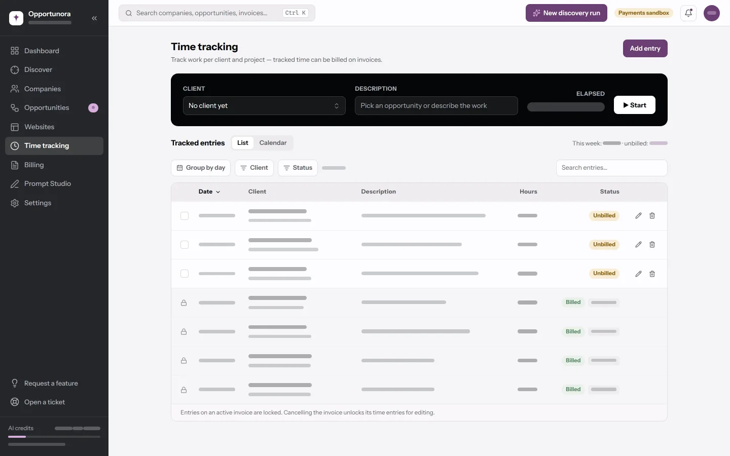 The Time tracking screen: the dark timer card at the top, then the tracked entries list with Date, Client, Description, Hours and Status.