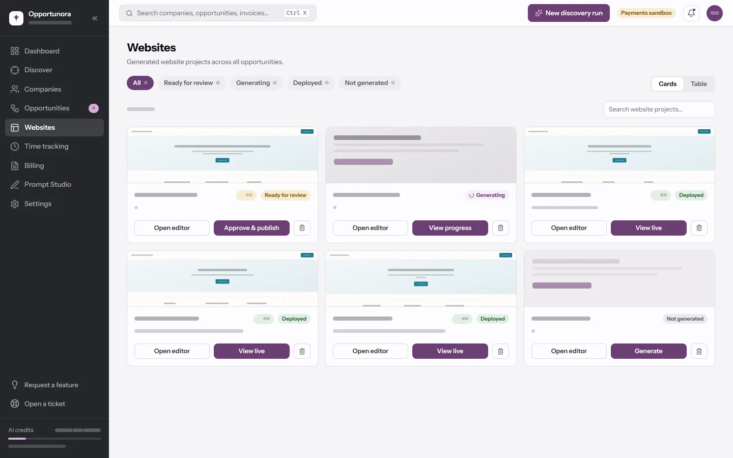 The Websites screen: filter pills above a grid of project cards, each with a thumbnail, a status badge and actions.