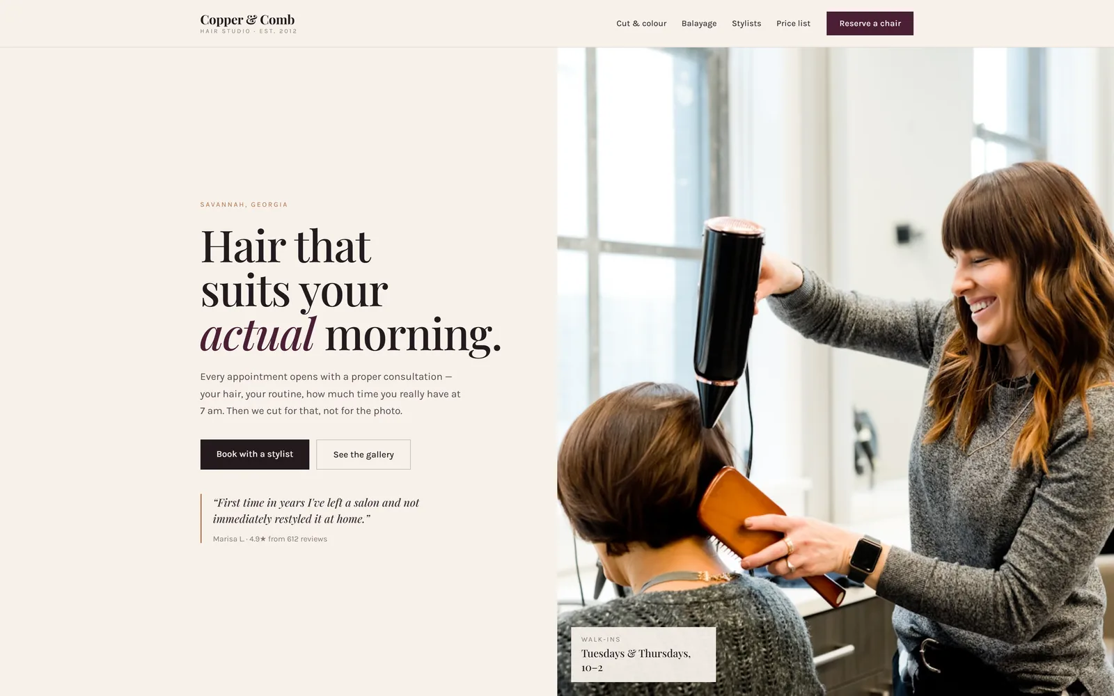 Copper & Comb's sample site: the serif headline Hair that suits your actual morning., a Book with a stylist button, and a photo of a stylist blow-drying a client's hair.