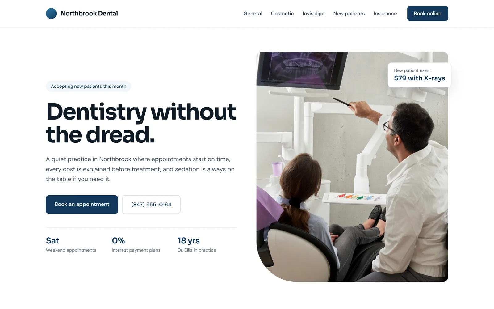 Northbrook Dental's sample site: the headline Dentistry without the dread., a Book an appointment button, and a photo of a dentist showing a patient an X-ray.