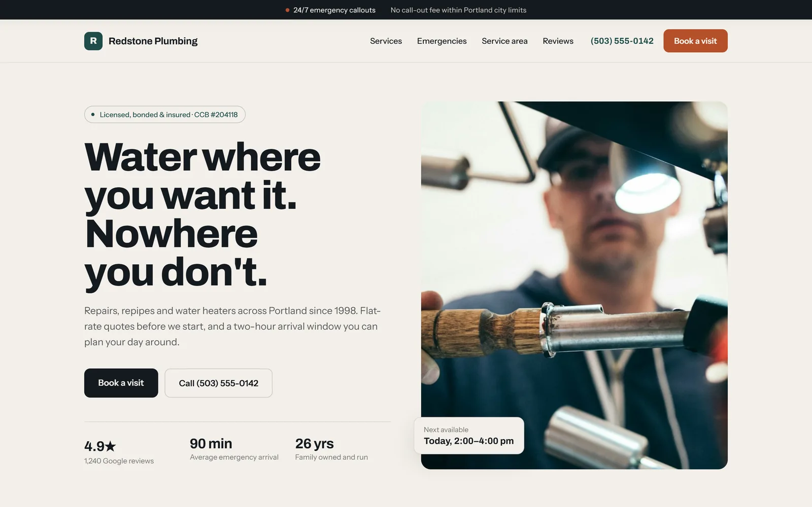 Redstone Plumbing's sample site: the headline Water where you want it. Nowhere you don't., a Book a visit button, and a photo of a plumber at work.