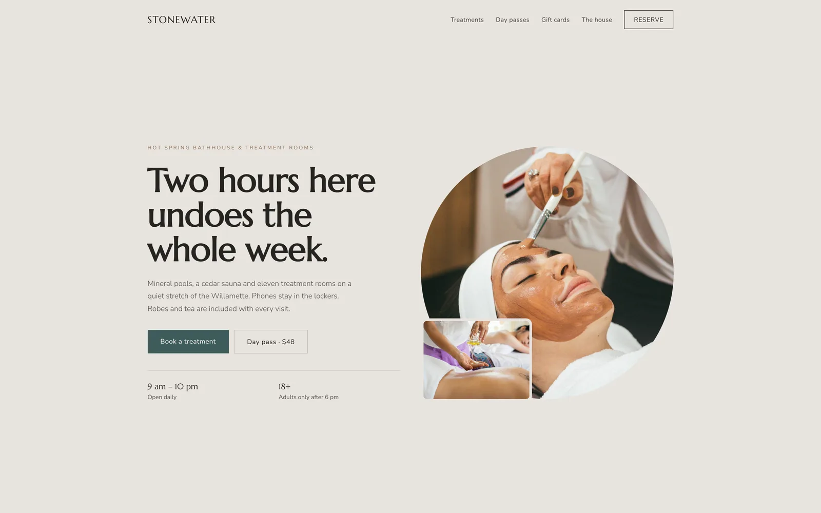 Stonewater's sample site: a pale gray page with the headline Two hours here undoes the whole week., a Book a treatment button, and a round photo of a facial treatment.