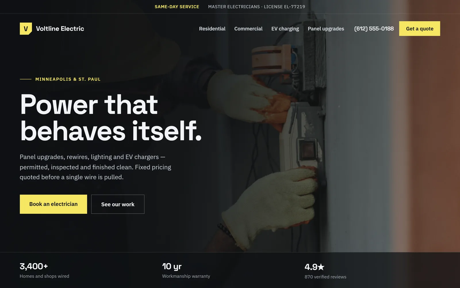Voltline Electric's sample site: a dark page with the headline Power that behaves itself., a yellow Book an electrician button, and a photo of an electrician at a panel.