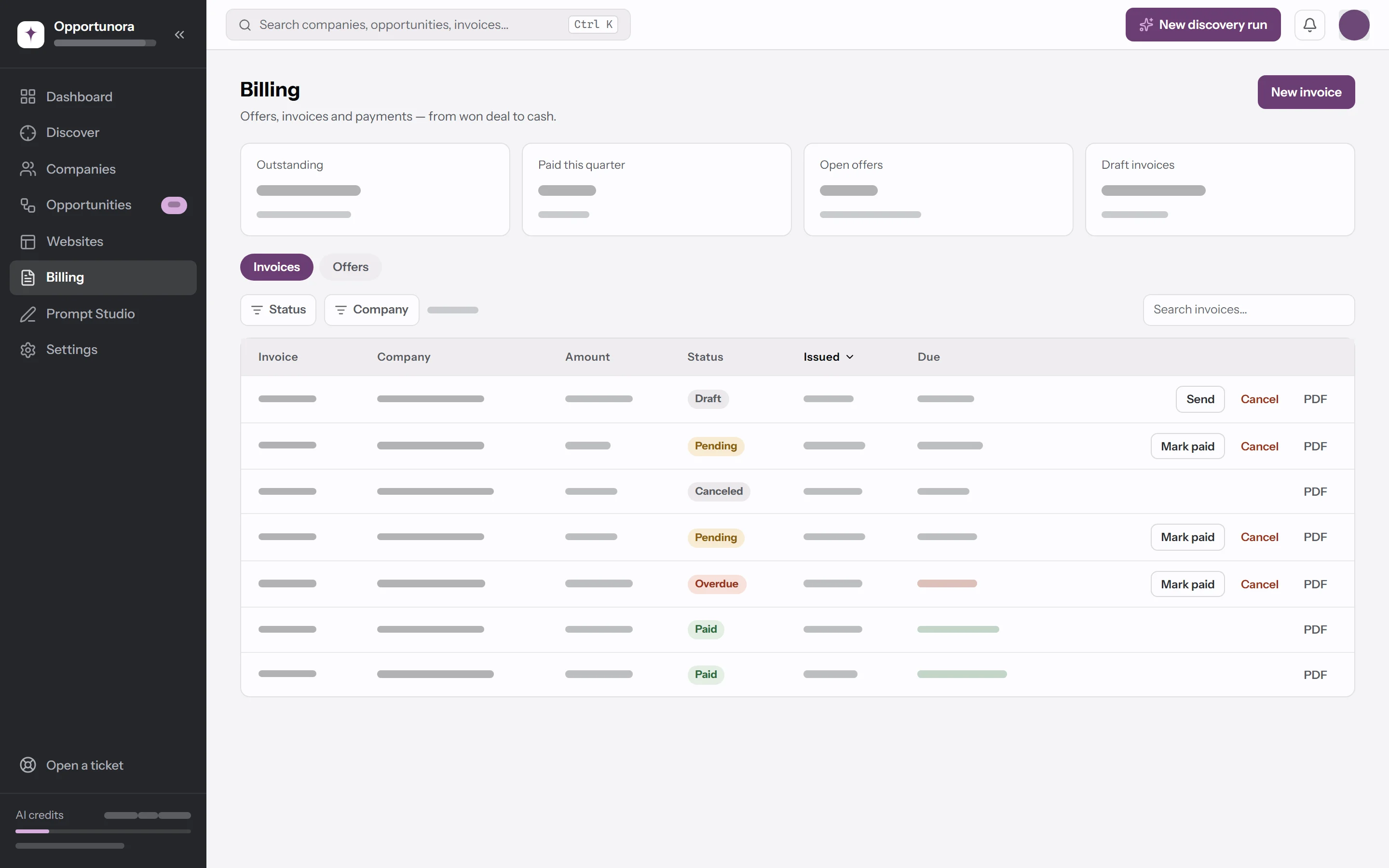 The Billing screen: Outstanding, Paid this quarter and Draft invoices totals, then an invoice table with Draft, Pending, Canceled, Overdue and Paid badges and Send, Mark paid, Cancel and PDF actions.