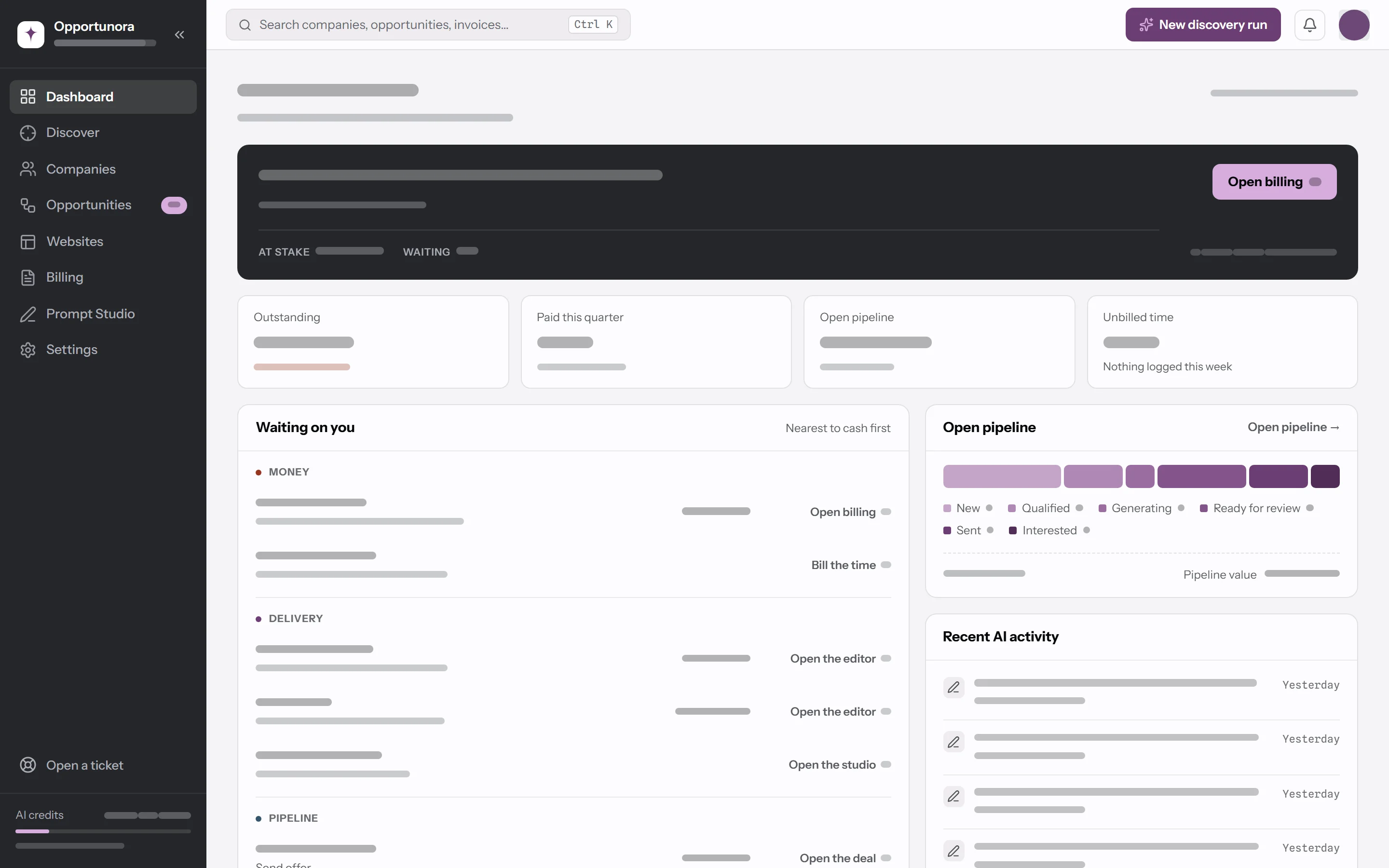 The dashboard: a dark band with the single next step and an Open billing button, then Outstanding, Paid this quarter, Open pipeline and Unbilled time totals, a Waiting on you list ranked nearest to cash first, the open pipeline by stage, and a Recent AI activity feed.