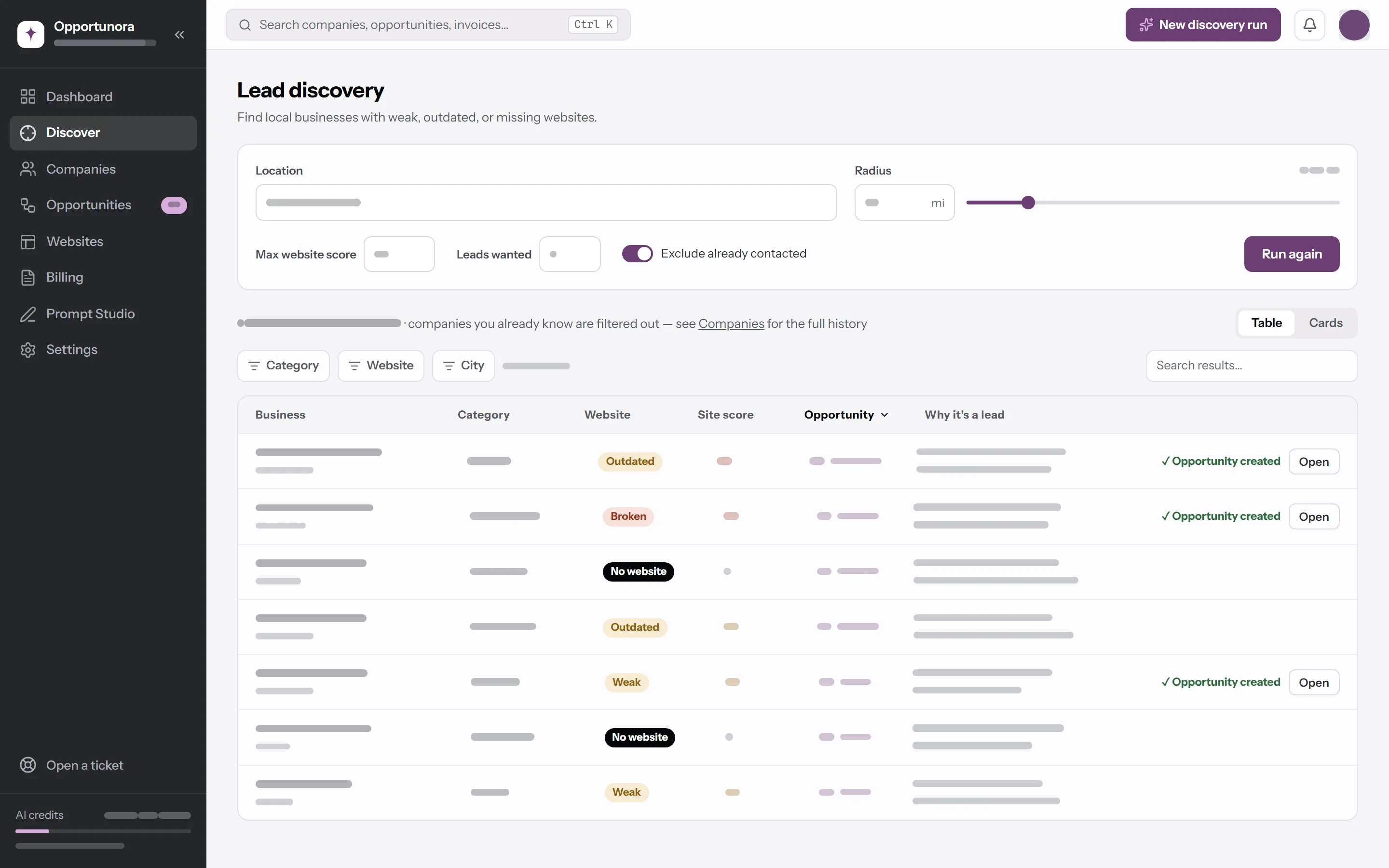 The Lead discovery screen: a form for location, radius, max website score and leads wanted, and a results table with Business, Category, Website, Site score, Opportunity and Why it's a lead columns. The business names are replaced by bars.