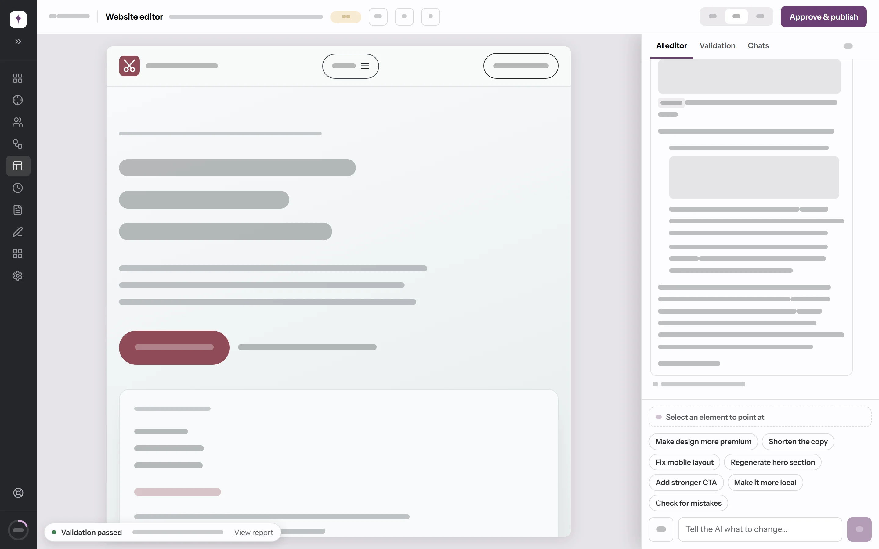 The website editor with a narrow preview of a generated site next to the AI editor chat and its quick actions.