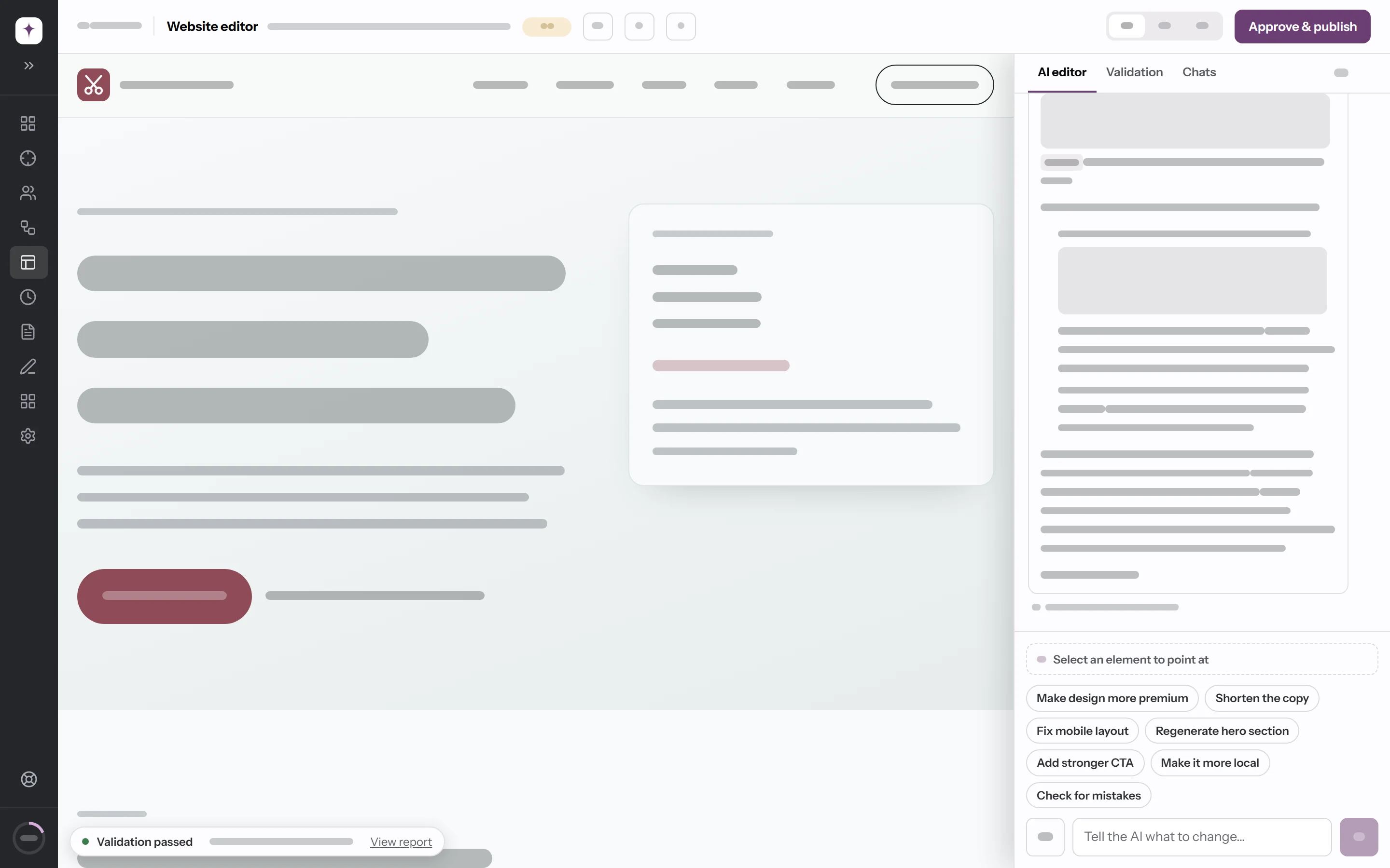 The opportunora website editor: a generated site preview on the left, and on the right the AI editor chat with quick actions such as Make design more premium, Fix mobile layout and Add stronger CTA, above a box that reads Tell the AI what to change.