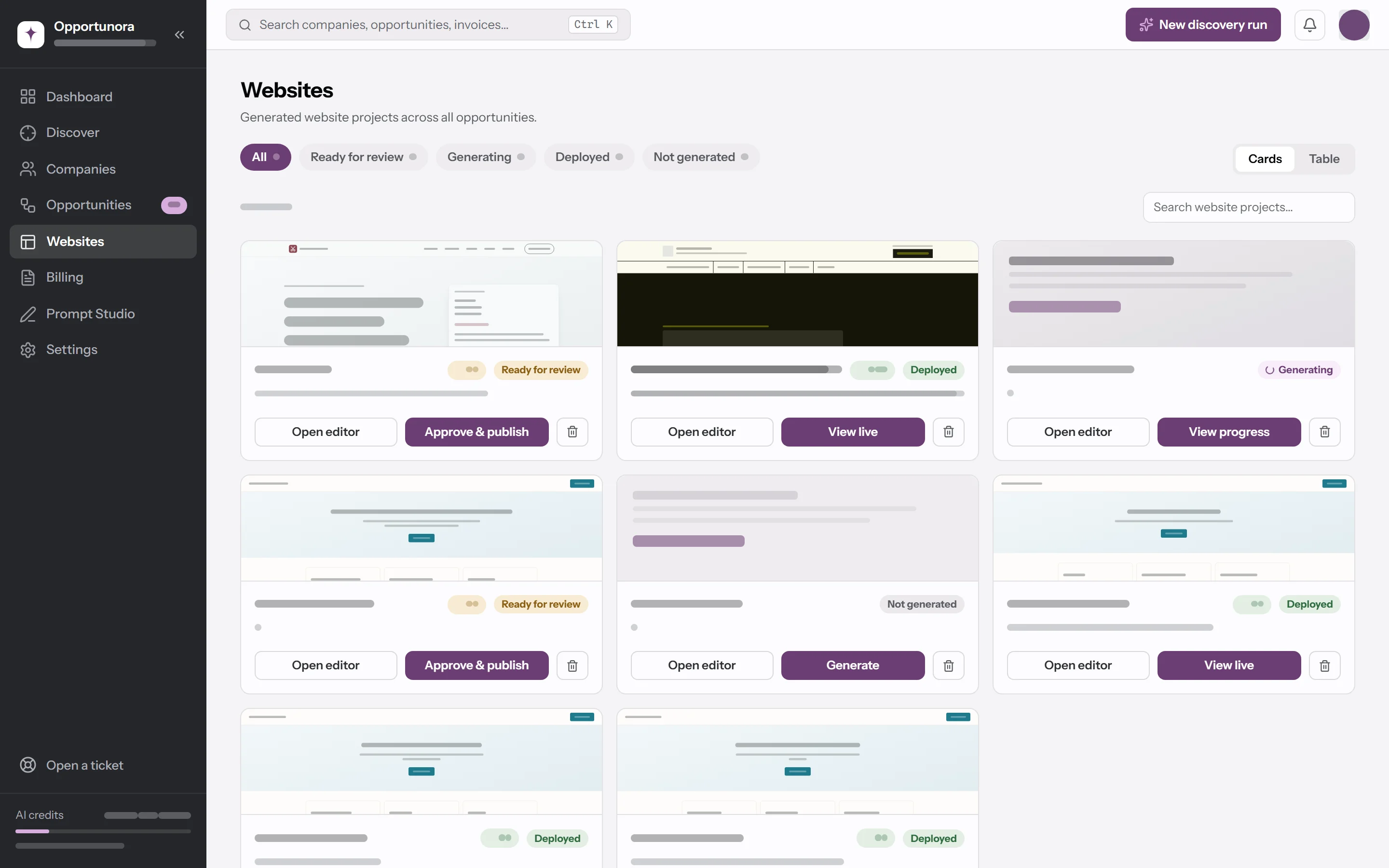The Websites screen: a grid of website projects, each with a Ready for review, Generating, Deployed or Not generated badge and an Open editor button beside Approve & publish, View progress, View live or Generate.